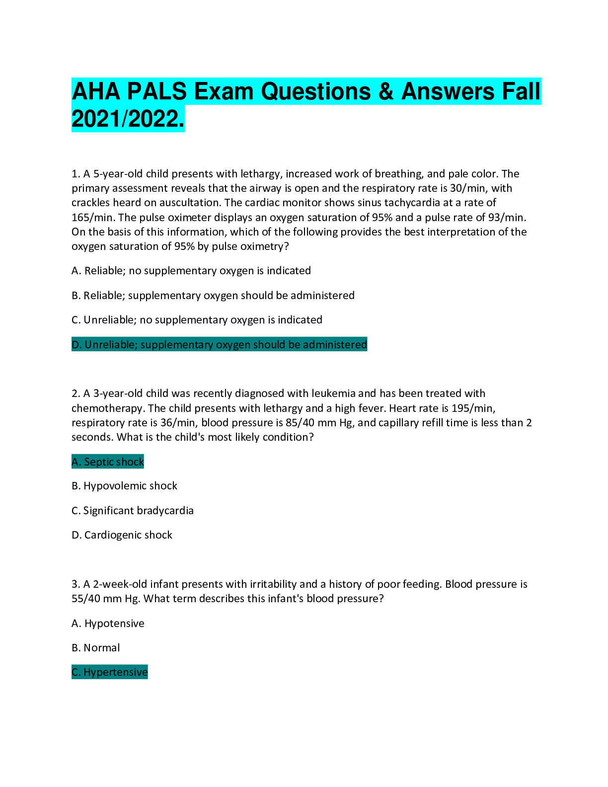 Preview image for AHA PALS Exam Questions & Answers Fall 2021/2022.